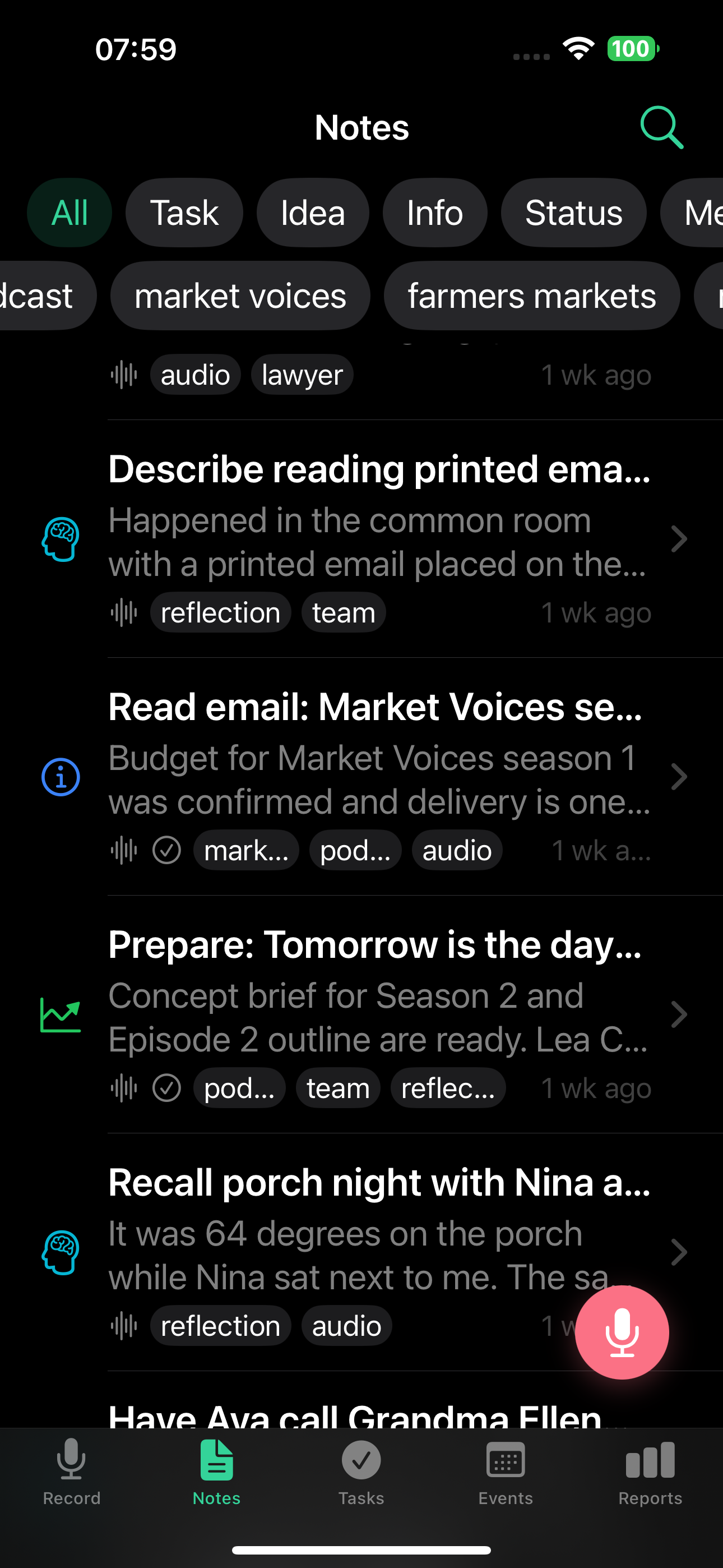 Notes list with filters and tags