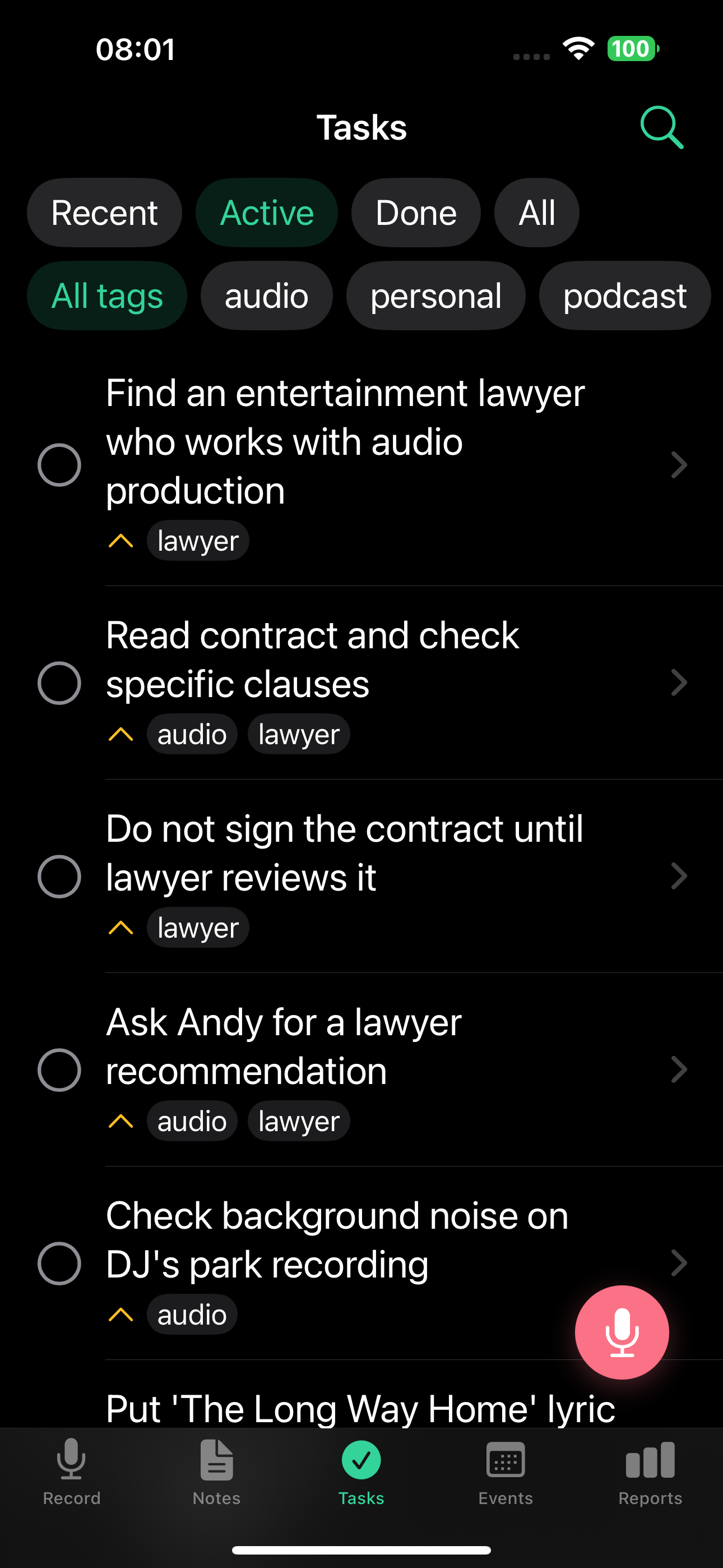 Tasks list with active tasks and tags
