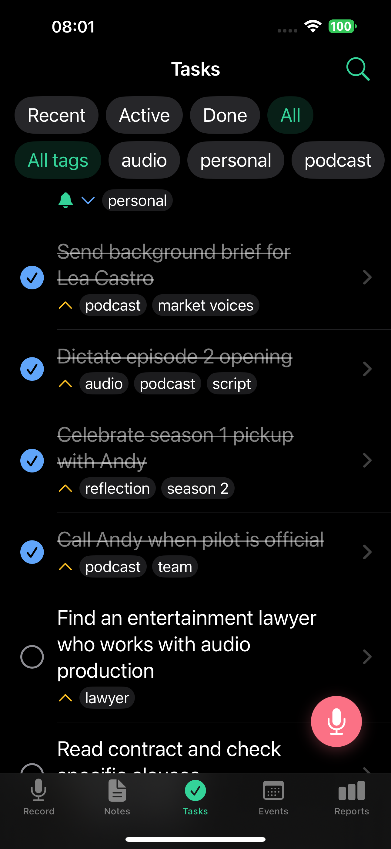 Tasks list showing done and active tasks
