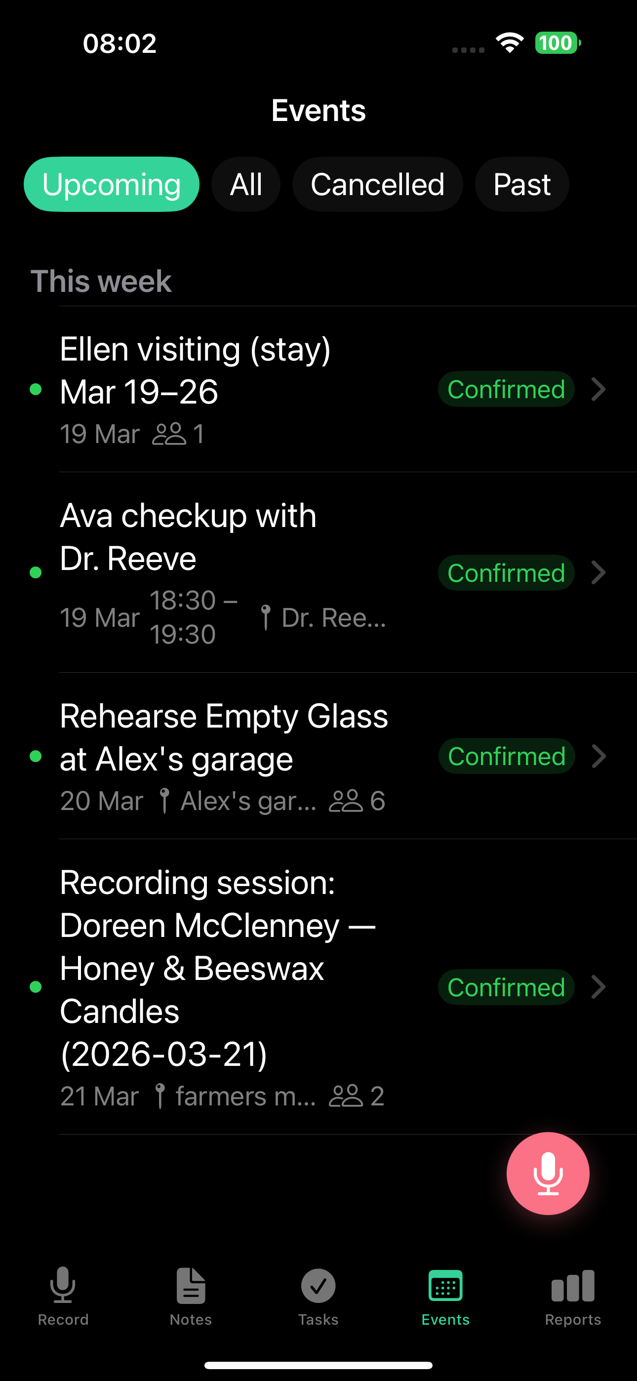 Events list with upcoming events