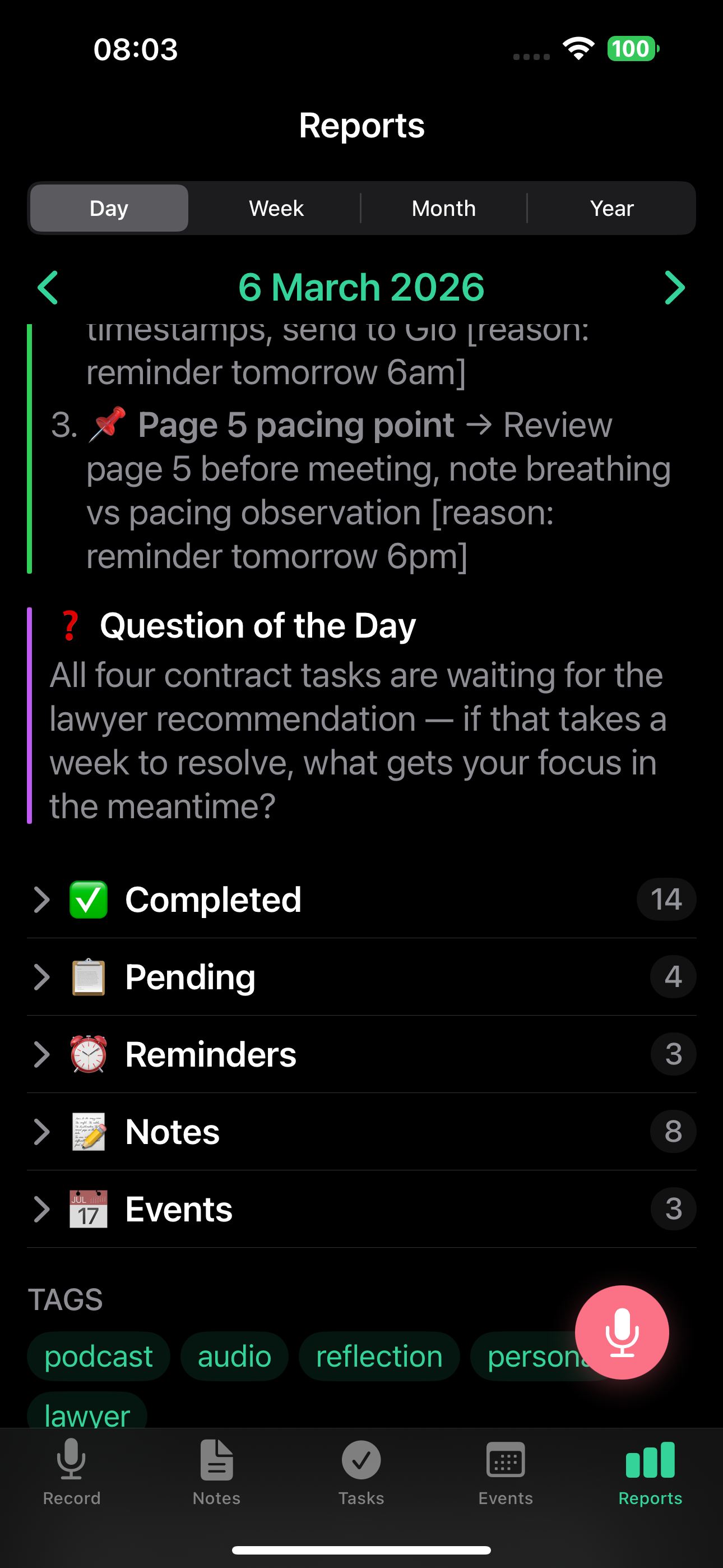 Daily report question, completed, and pending tasks
