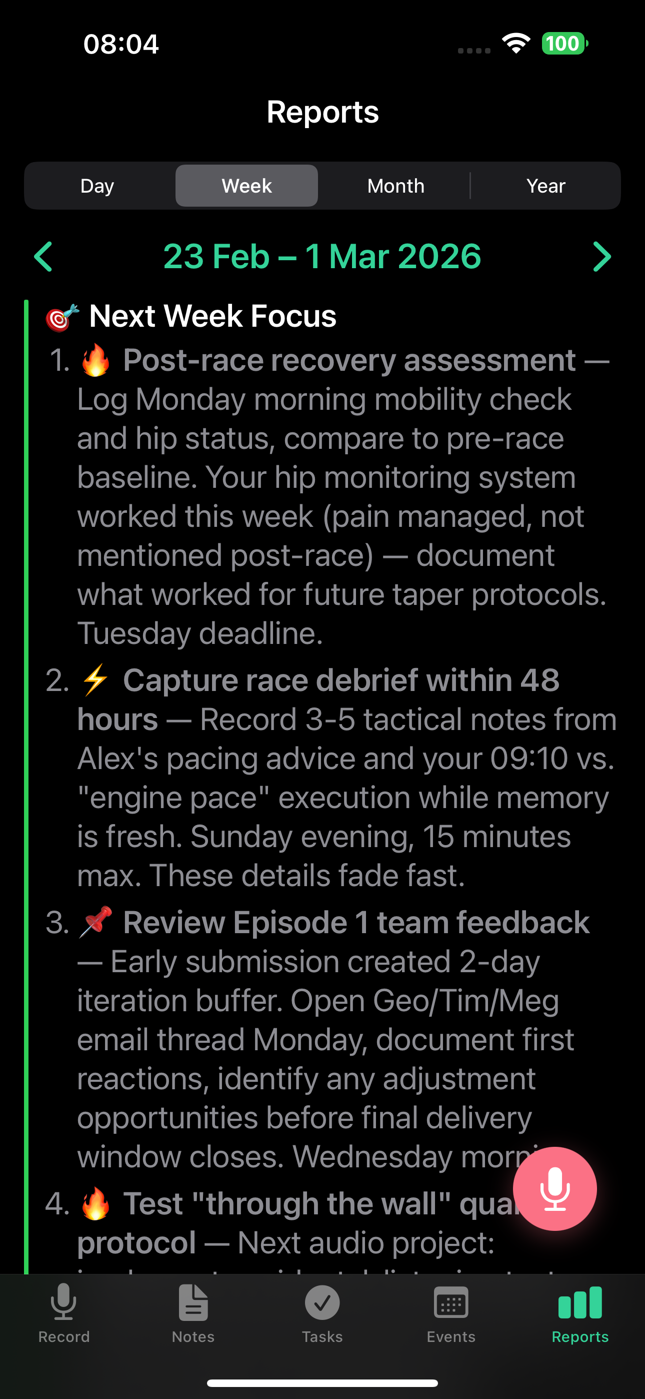 Weekly report next week focus