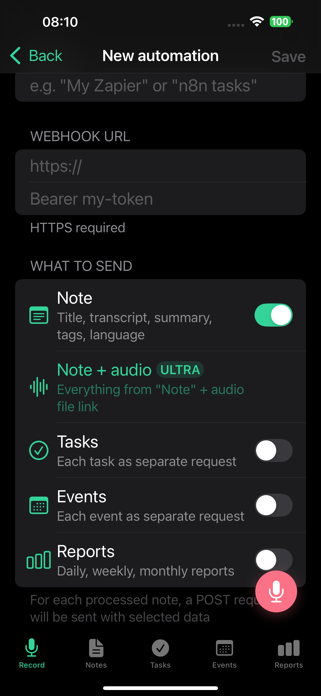 New automation webhook setup