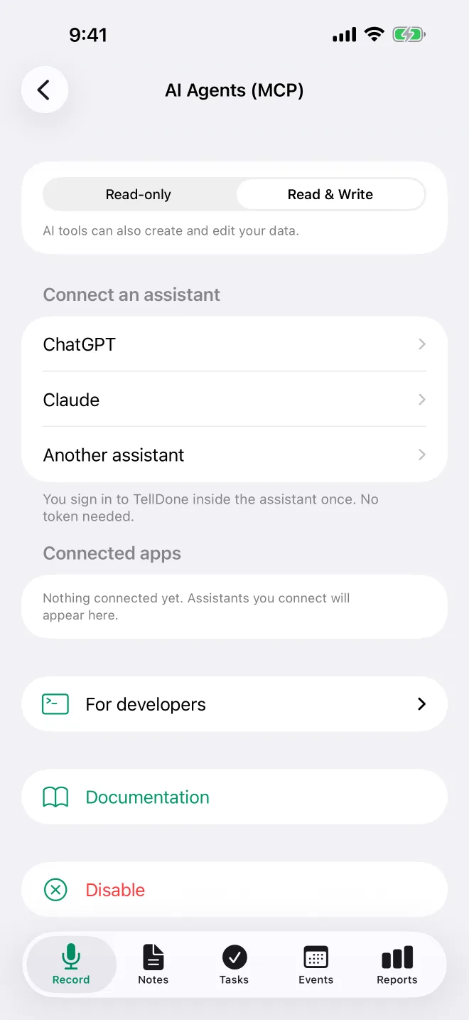 Settings AI Agents on iPhone with token masked