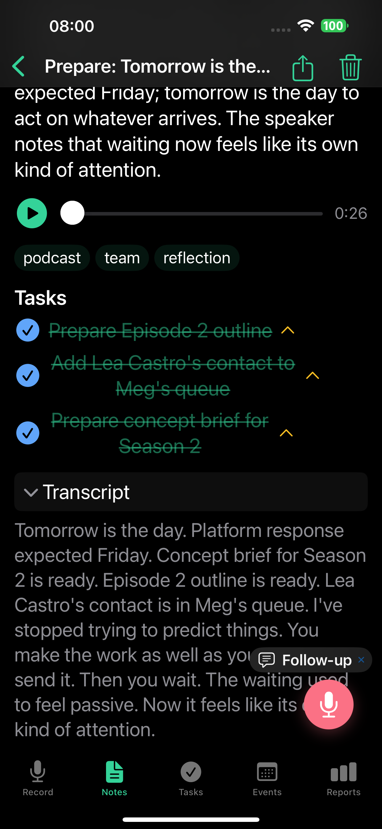 Note transcript and follow-up