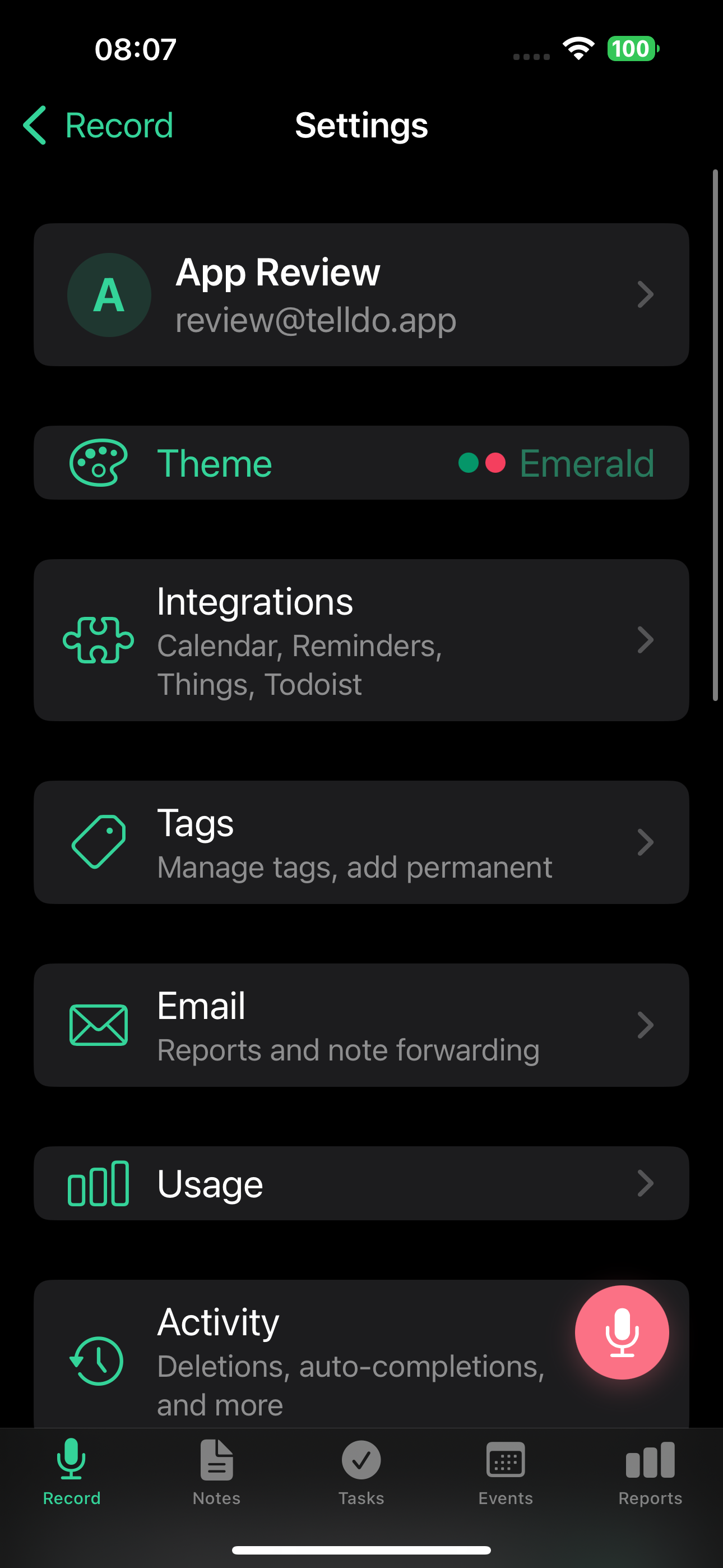 Settings main screen