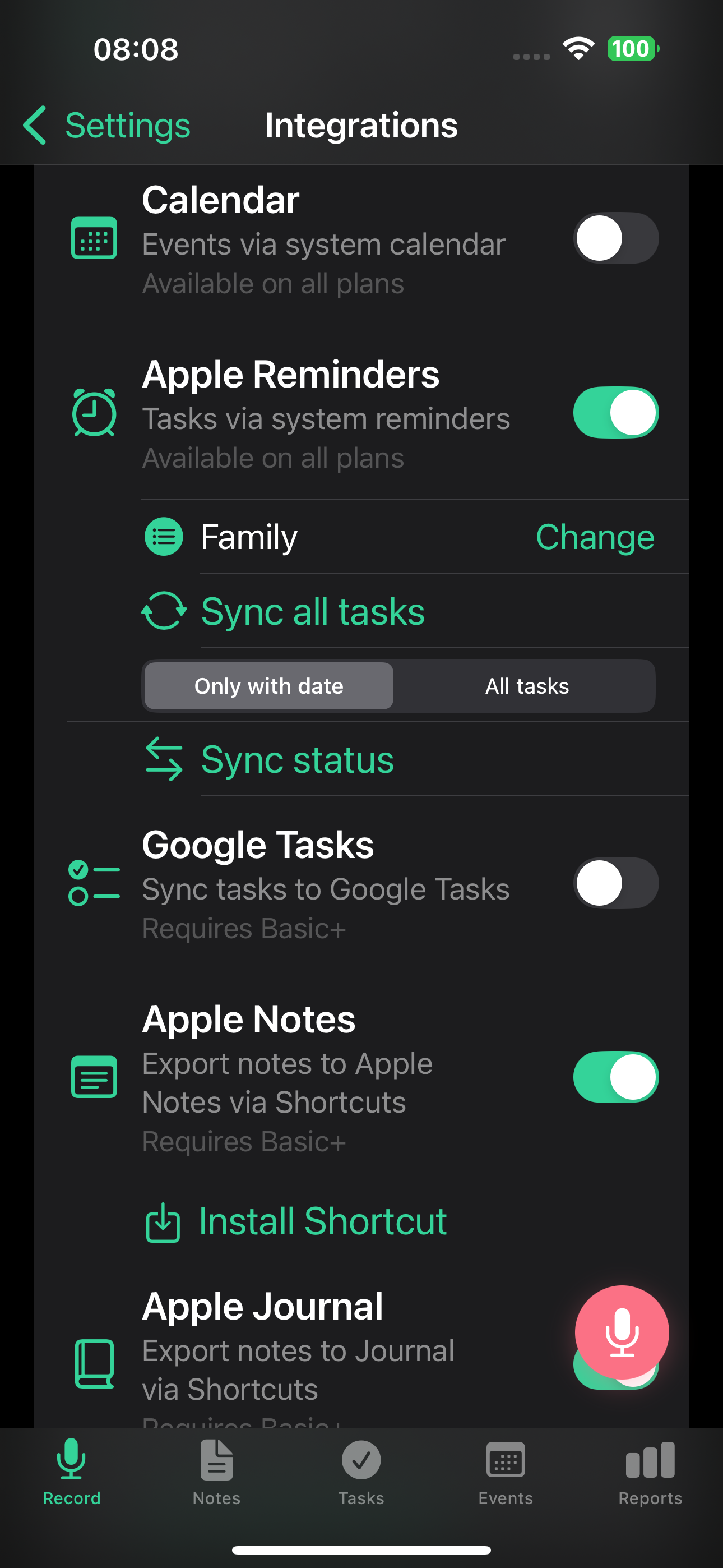 Ajustes de integraciones con calendario y recordatorios