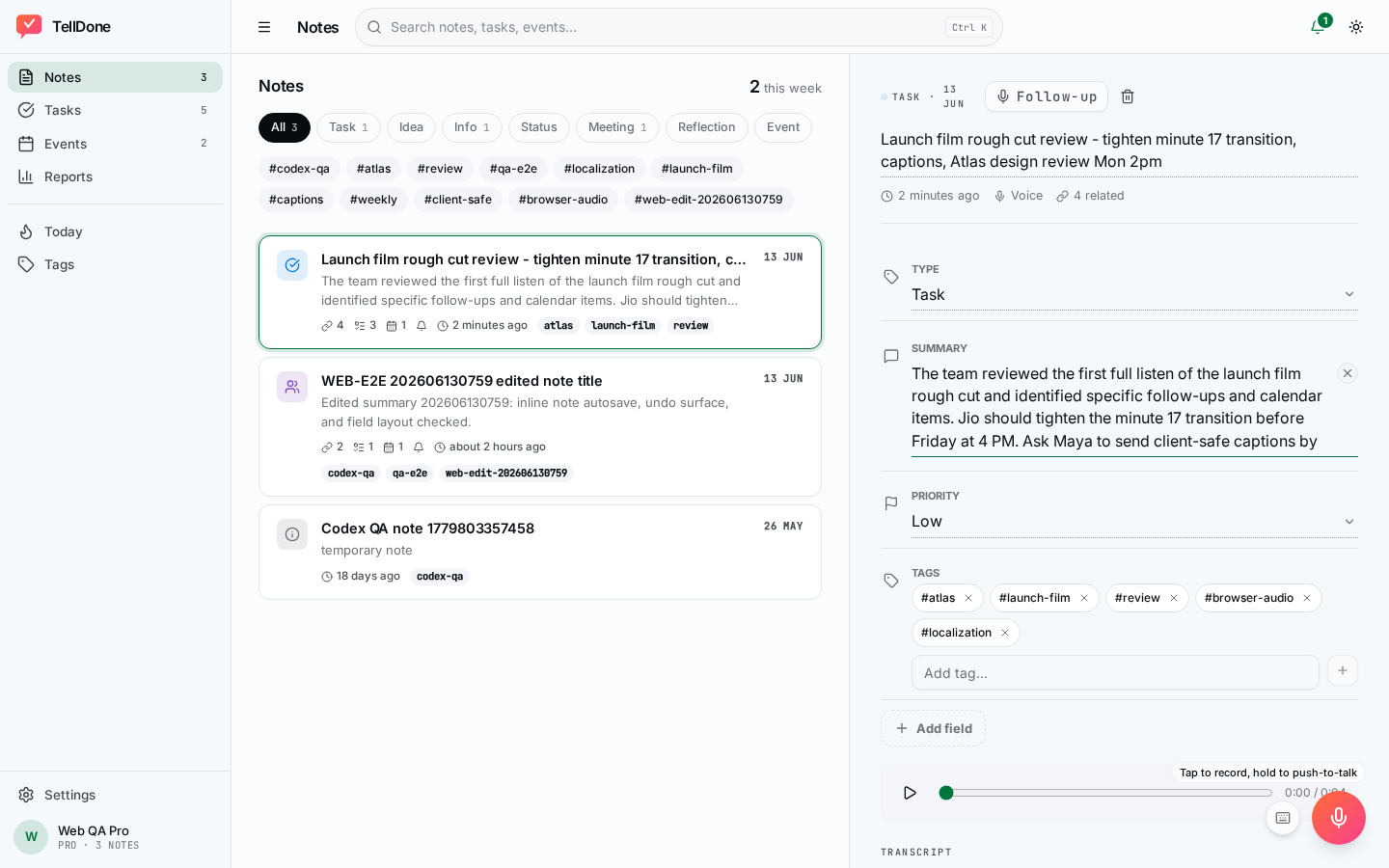 Detaliile notei cu editare inline pe desktop