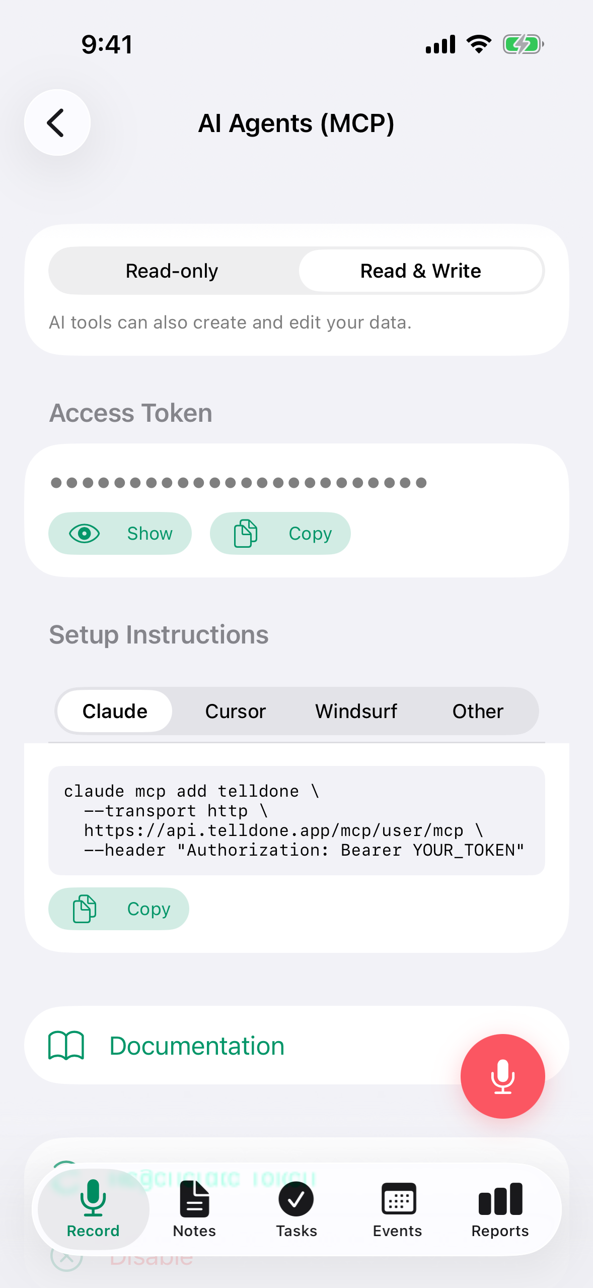 Setări Agenți AI pe iPhone cu tokenul mascat