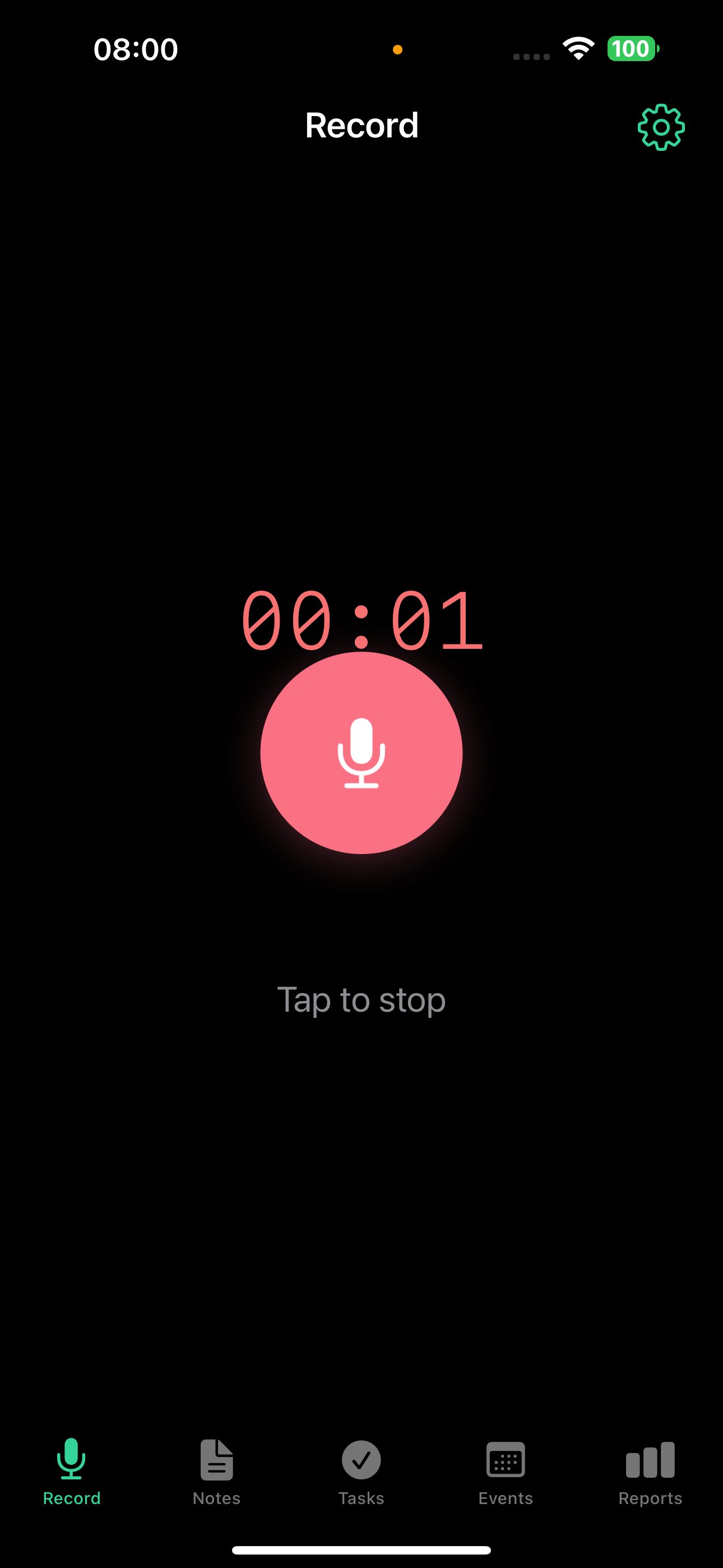 Active recording screen at 1 second