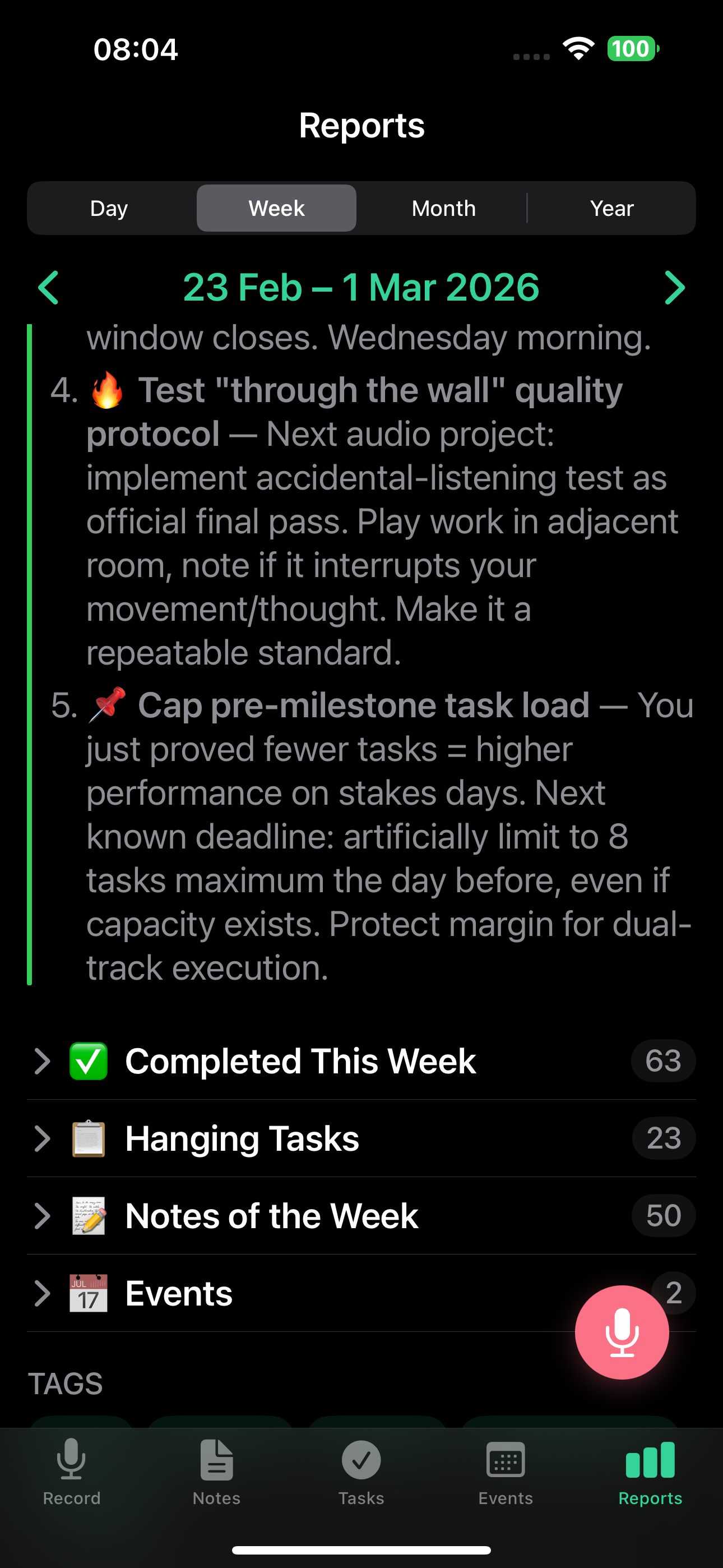 Weekly report focus, completed and hanging tasks